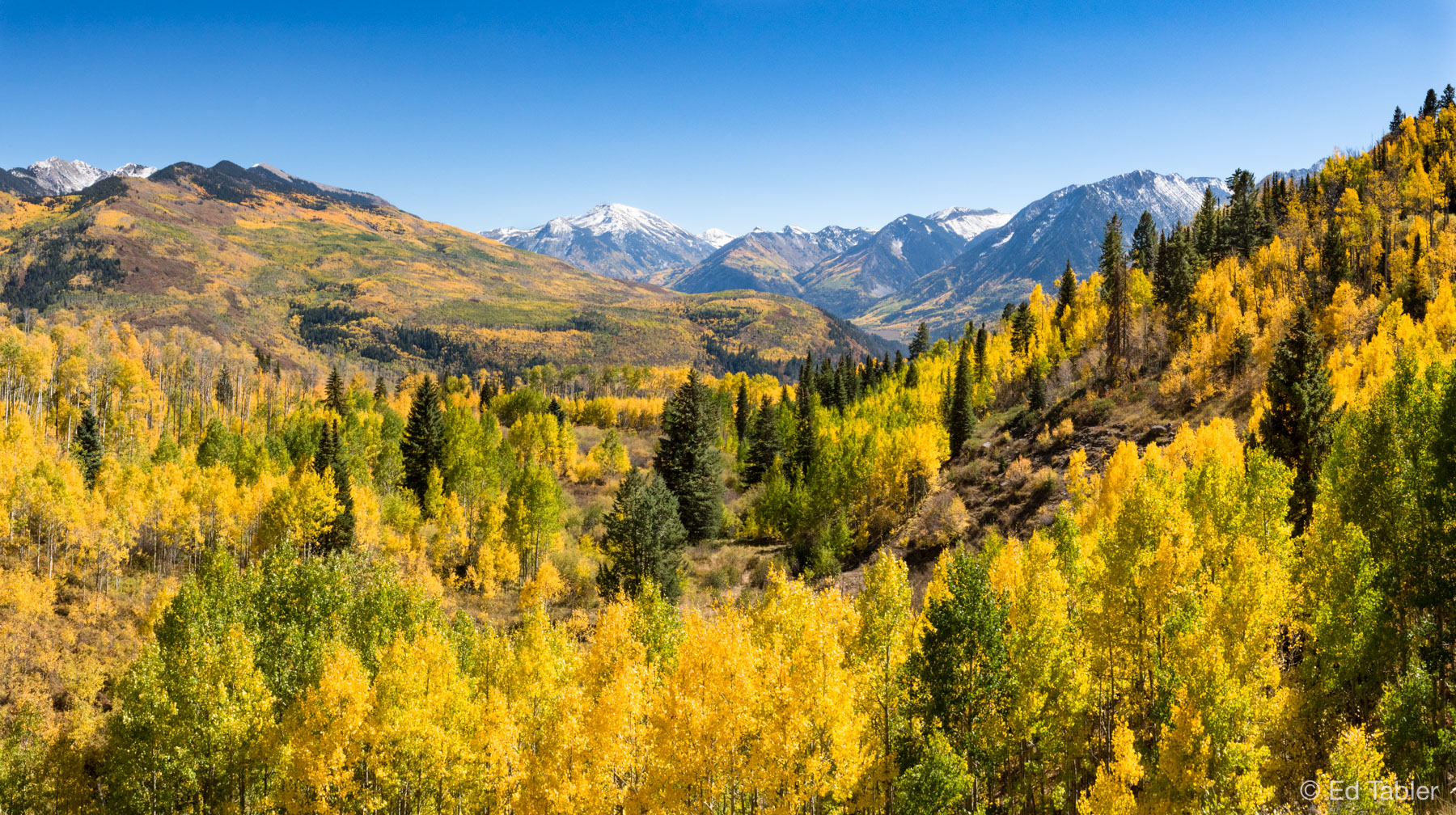 A panoramic view looking east at the Maroon Bells - Snowmass Wilderness from McClure Pass.