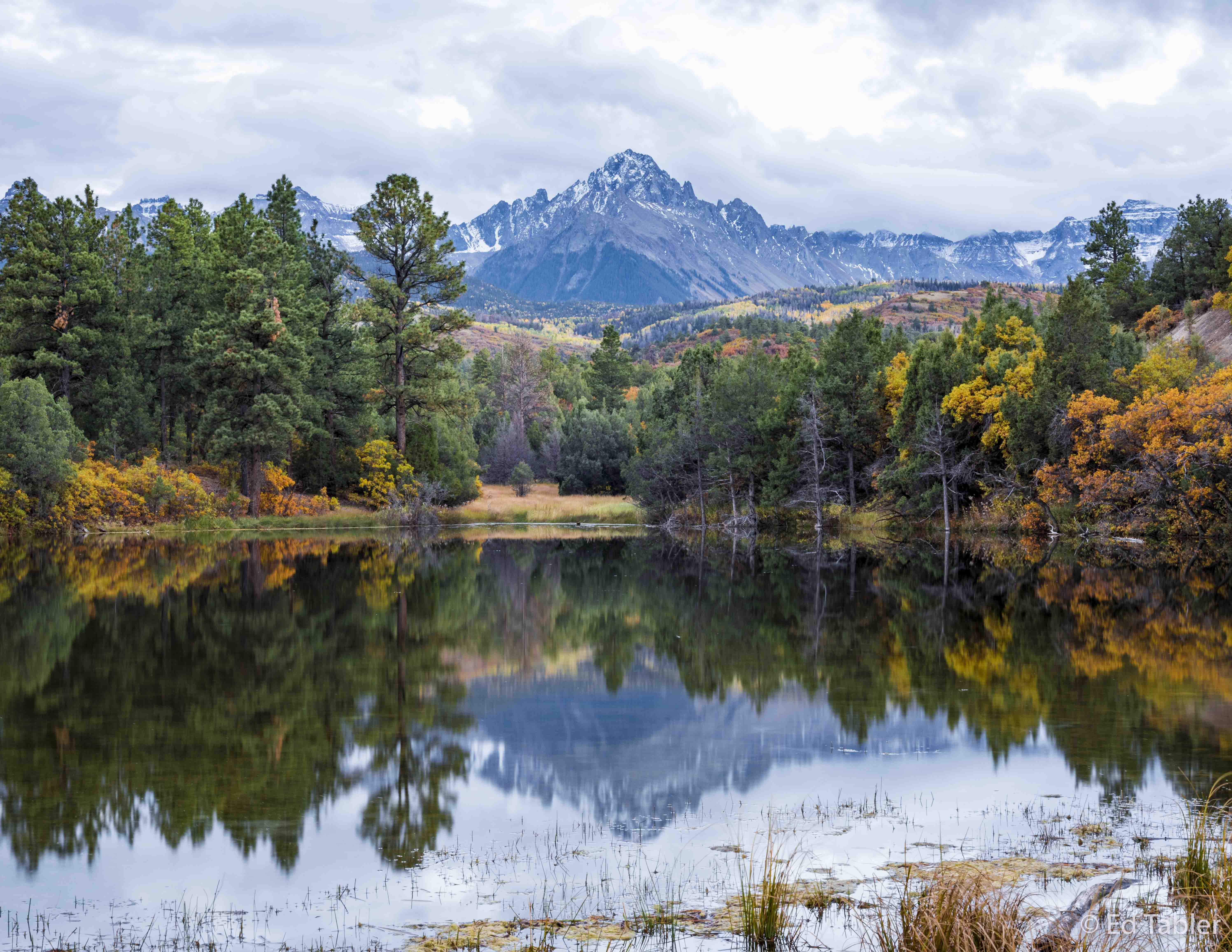 Captured this intimate reflection of&nbsp;Mount Sneffels in a pond&nbsp;framed by the rich colors and textures of a cloudy&nbsp...